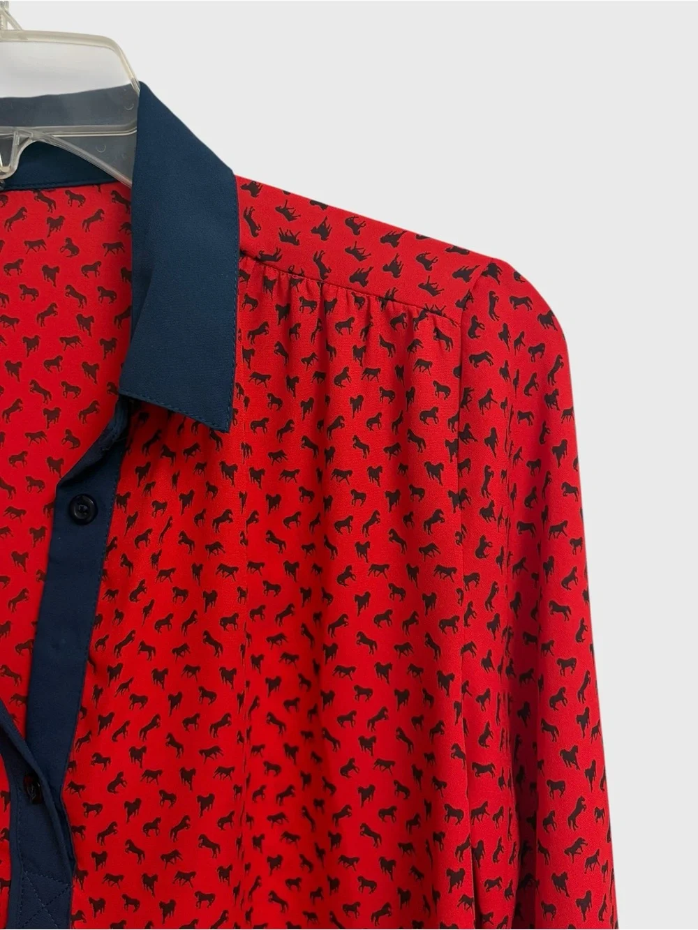 Free People Boyfriend Horse Print Blouse Size XS Red Blue Sheer Oversized Boho